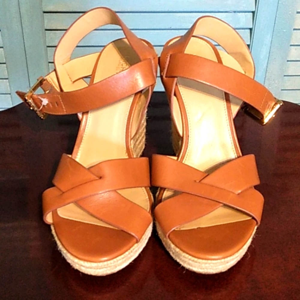 NEW! MICHEAL KORS CELIA ESPADRILLE LEATHER WEDGE SANDALS